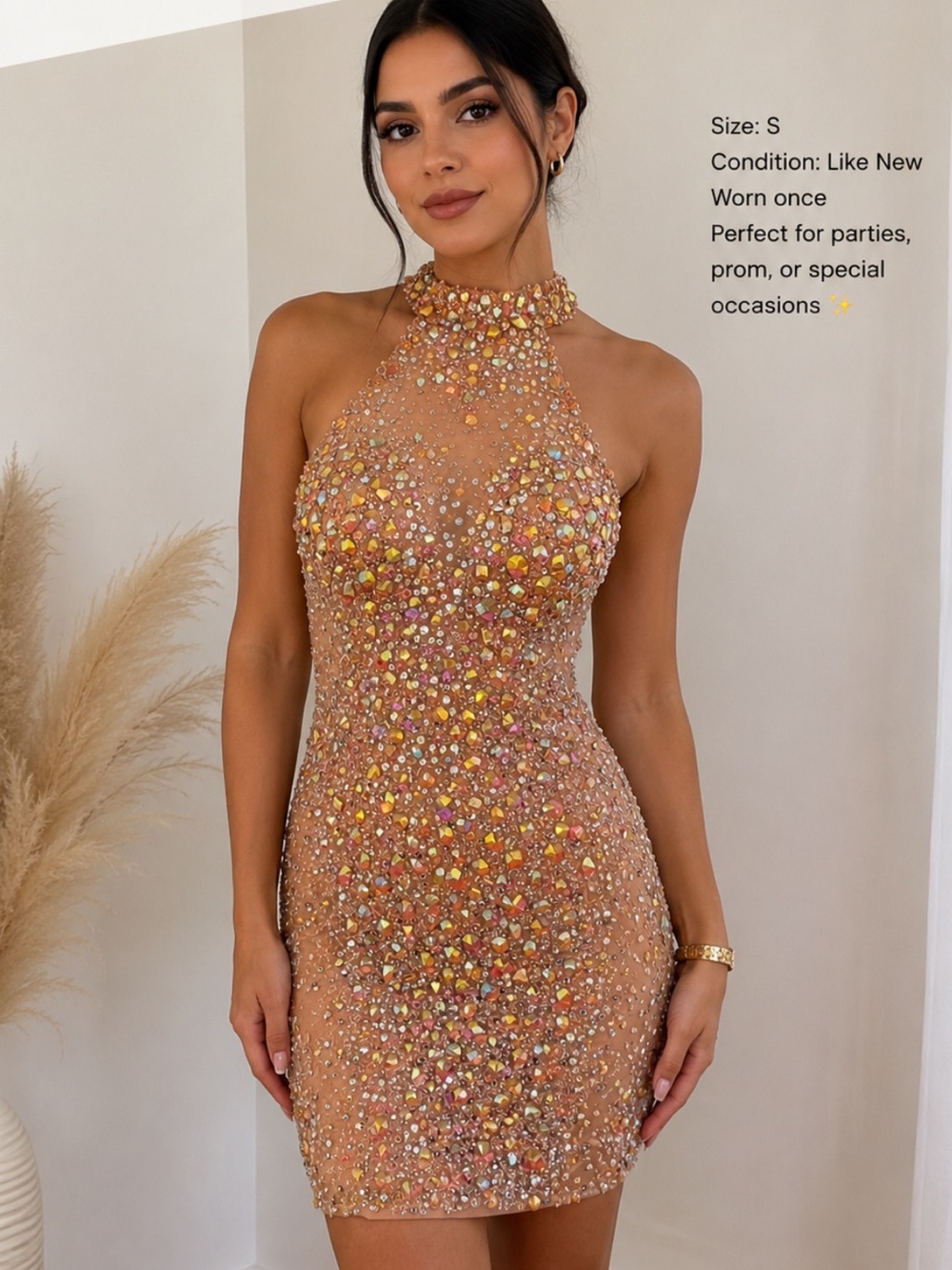 Dave & Johnny nude Rhinestone Halter Mini Dress Y2K Prom Homecoming 0 vintage